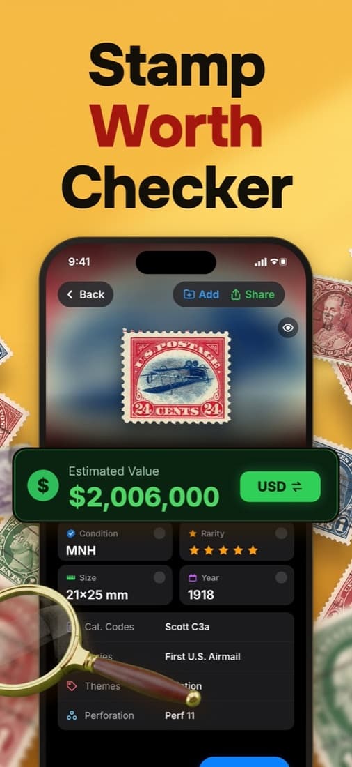 Stamp Identifier app showing an estimated value for the Inverted Jenny